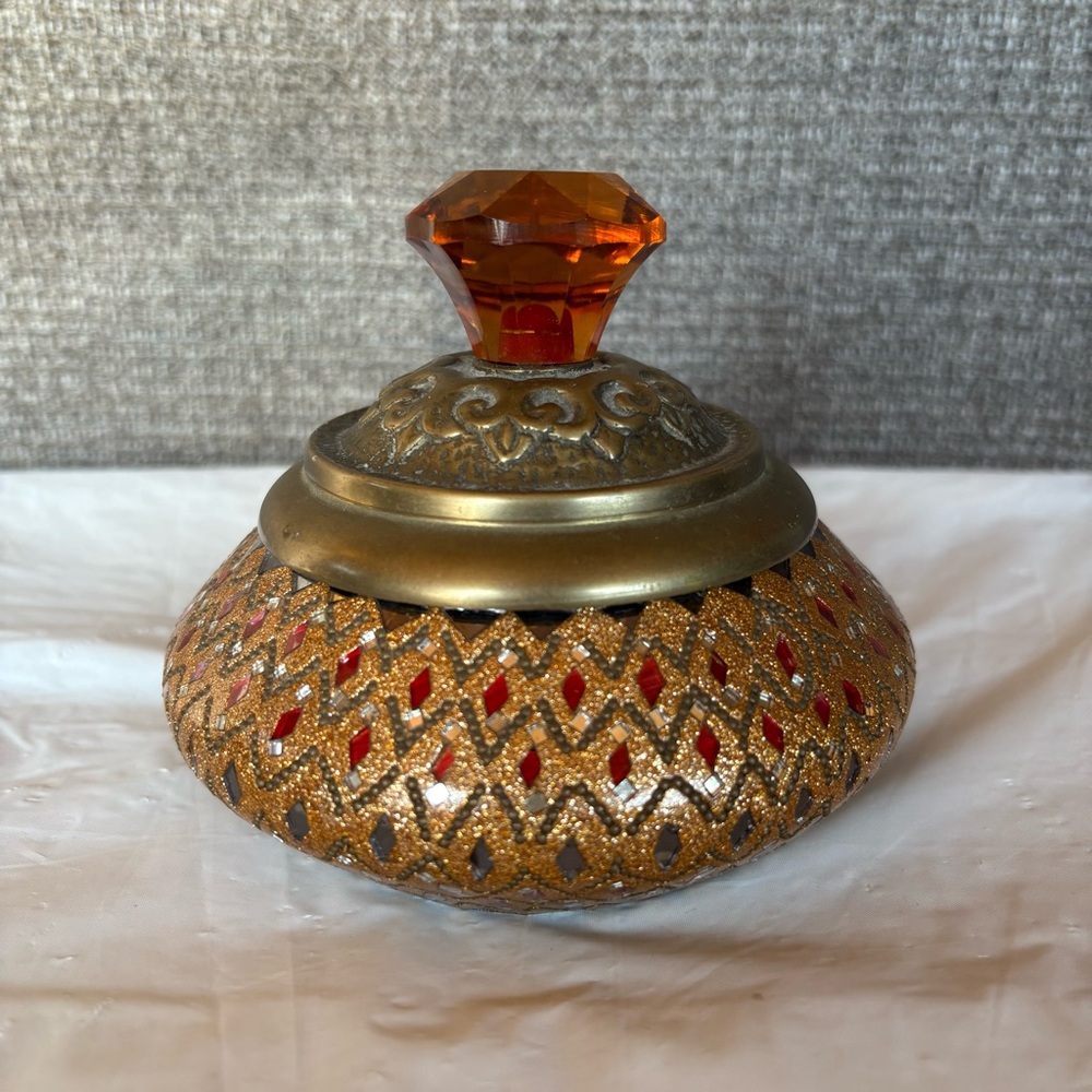 Vintage Enameled Brass Talisman‎ Keeper Jewelry Trinket Box India Orange Jeweled